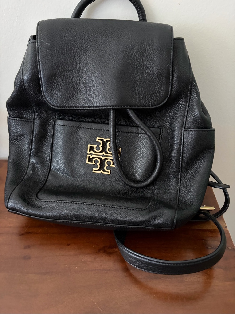 Tory Burch Black Leather Backpack with Gold Logo